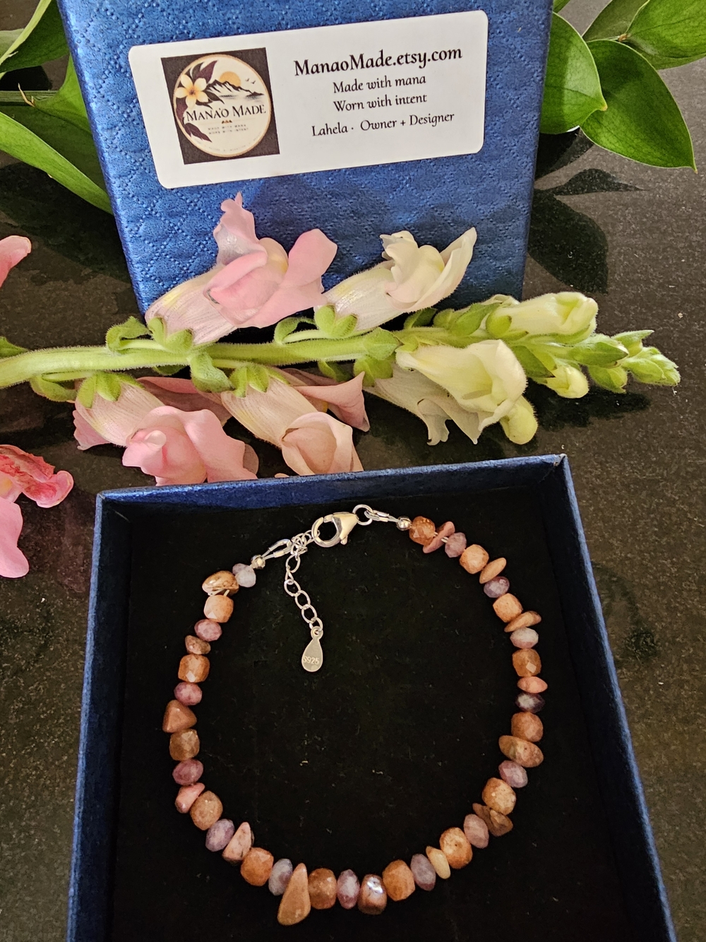 ʻĀina Bracelet: 5mm Pink Tourmaline, 7mm Rhodonite Freeform chips, 4mm Sunstone,